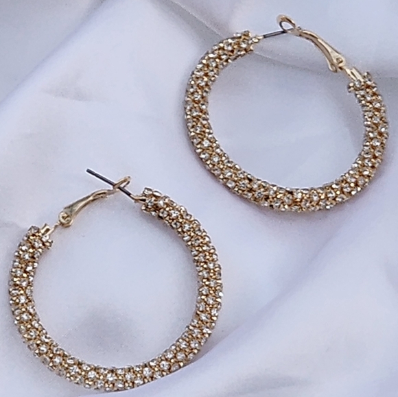 Whats Hot Jewelry Women's Gold Baggette Rhinestone Wrapped 2" Hoop Earrings - Picture 6 of 7